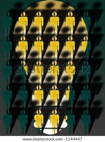 A 2 toned image with figures highlighted in shape of a light bulb