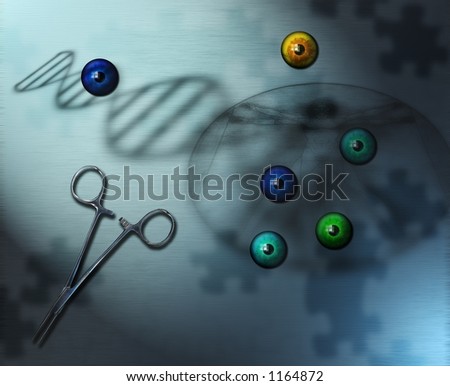 A sci-fi image, with differing colored irises and symbols of science and medicine