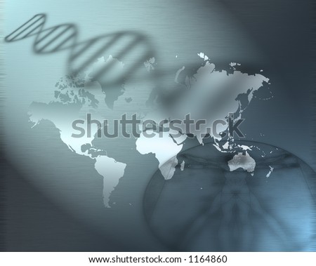 DNA strand, a Davinci like figure shadows and a map of the earth