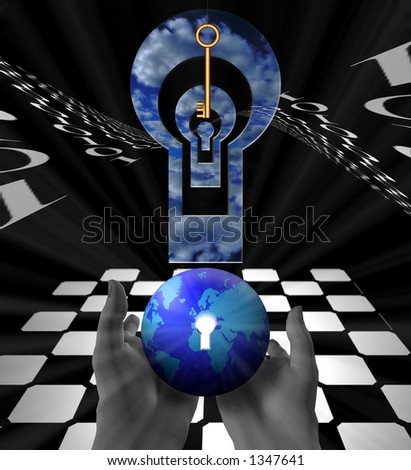 A strange surreal image of the earth, a chessboard, a suspended key and multiple openings