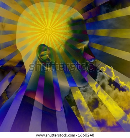 Rays of energy emanate from a figures head