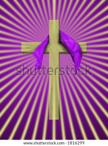 A cross with purple cloth and rays beaming