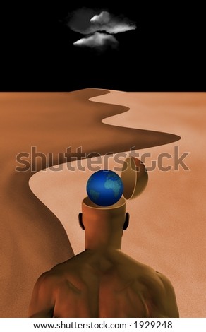 World on mind man stands before a desert