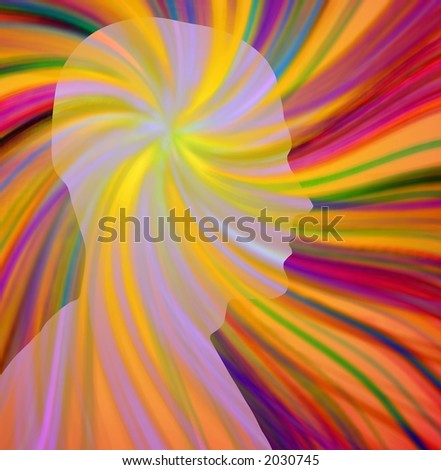 Multi hued rays beam out from a head