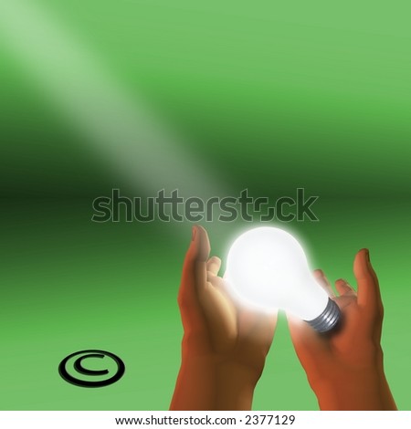 Copyright symbol and lit bulb, ray of light