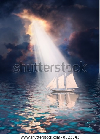 Ship revealed by shaft of light from stormy tropical sky