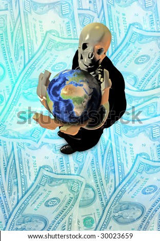 Skeletal businessman holds earth while standing on money