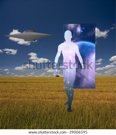 Man Emerges from doorway in landscape accompanied by alien craft