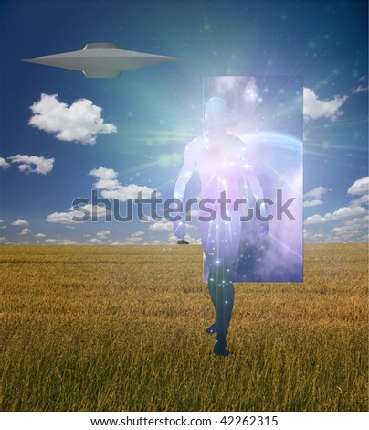 Man Emerges from doorway in landscape accompanied by alien craft