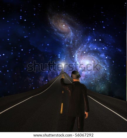 Road into sky with pointing man