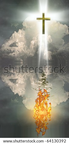 High Resolution Cross Hangs in Sky over Water with Fire Burning on Waters Surface