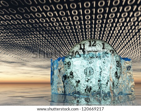 Clock in melting ice with binary code