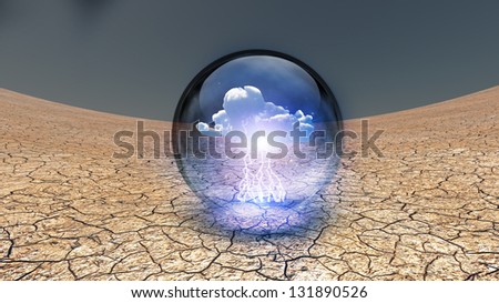 Dry Cracked earth with single cloud in clear container