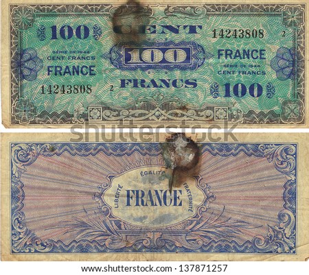 100 Francs Note 1944 front and back