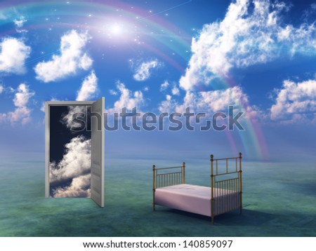 Bed in fantasy landscape
