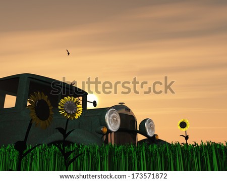 Weathered Truck and Sun with Flowers