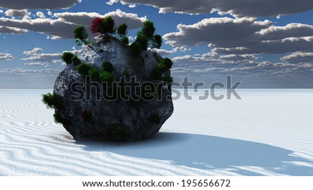 Fantasy Rock Island in Zen Like Minimal Landscape