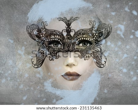 Art photo of Beautiful woman in mysterious mask.
