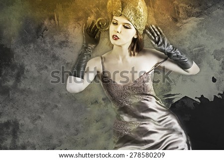 Elegant lady with hat and gloves,silk Lingerie.
