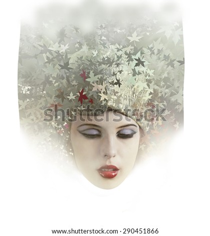 Woman Fantasy Fashion Portrait. Fall. Beautiful Girl. Fashion Art Border Design. Hairstyle decorated with leafs.