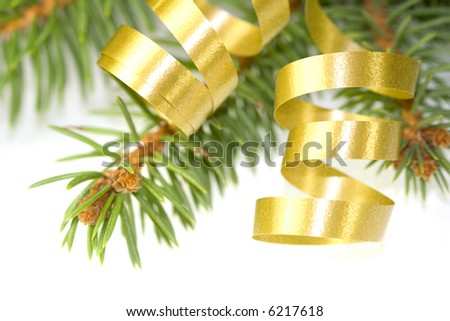 Gold curly ribbon on christmas tree