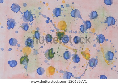 abstract texture with blue and yellow blots on pink background