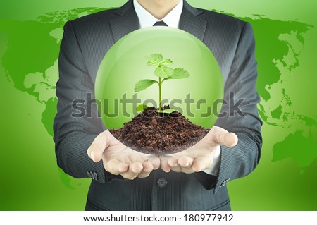 Businessman holding green sapling with soil inside the sphere - sustainable development & conservation concept