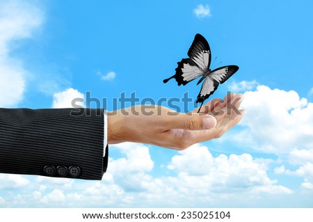 Businessman opening his palm  releasing a butterfly