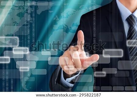 Businessman hand pointing on blank virtual screen, modern business background concept