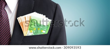 Money, Euro currency (EUR), in businessman suit pocket - business and financial panoramic header background