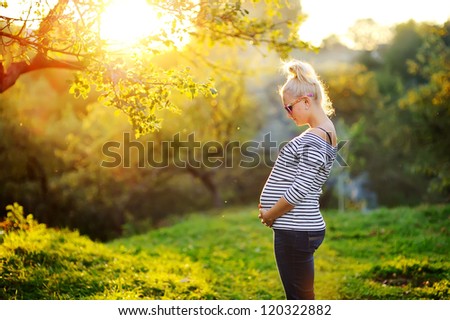 pregnant woman stands next to the sunset in the garden