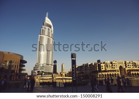 DUBAI, UAE - MAY 26: Address Hotel and Lake Burj Dubai in Dubai. The hotel is 63 stories high and feature 196 lavish rooms and 626 serviced residences, taken on 26 May 2013 in Dubai.