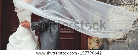 Wedding couple. groom and bride together. Flying veil.