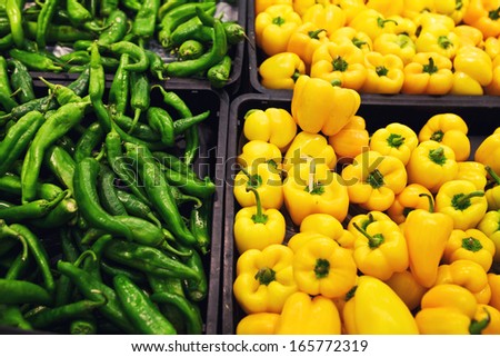 colorful bell peppers, natural background in shop