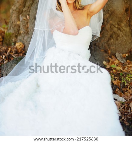 Beautiful caucasian bride in white dress. Long veil.