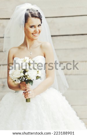 Cute brunette caucasian bride in white dress. Long veil.