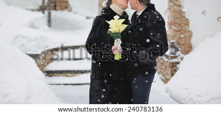 caucasian wedding couple. winter atmosphere. couple in love