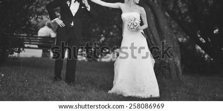 Newlywed couple happy together. Wedding picture in black and white.