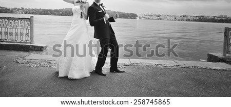 Newlywed couple happy together. Wedding picture in black and white.