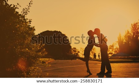 Summer of our love. Young happy couple together in sunset.