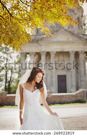 Young bride wearing wedding dress and posing outside against an old church.