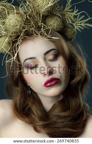 Fashion beauty Decorative elements in hairstyle. Young woman spring studio shot.