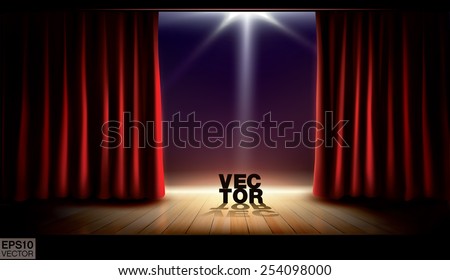 Stage with red curtains and spotlight. Vector background