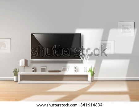 Living room with low shelf and flat TV on a bright sunny day. Vector version available in portfolio.