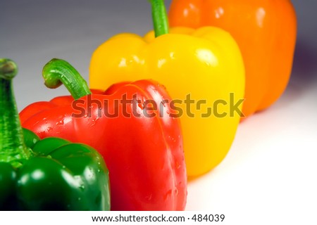Four wet peppers (green, red, yellow, orange) in a row. The red pepper is in focus, the others blurred.