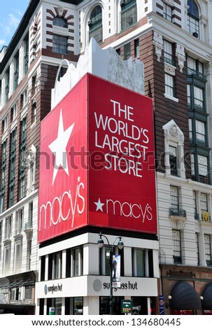 NEW YORK, USA - JULY 2, 2012: Signage for Macy\'s Herald Square Store located on Herald Square in Manhattan, New York City. This store is the flagship store for Macy\'s.