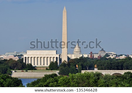 Washington Dc Skyline Including Lincoln Memorial, Washington Memorial And Us Capitol Building As Seen From Arlington,Virginia.