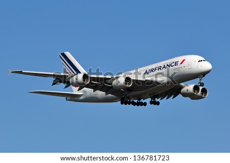 Sterling, Va, Usa - November 12, 2011: Air France A380 Landing At Washington Dulles International Airport. Air France Is The French Flag Carrier Headquartered In Tremblay-En-France.