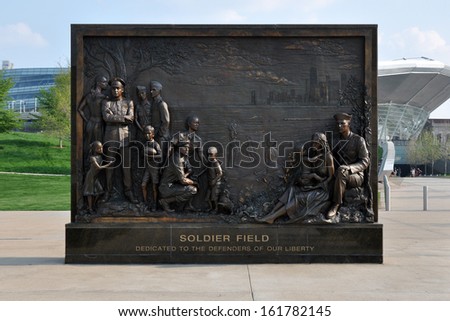 CHICAGO, USA - MAY 10, 2011: Plaque depicting soldiers and their families outside Soldier Field.