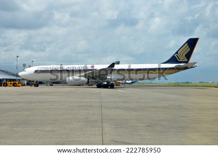MALE, MALDIVES - AUGUST 31, 2014: A Singapore Airlines Airbus A330 at Ibrahim Nasir International Airport. Singapore Airlines is the flag carrier of Singapore.